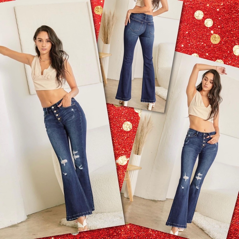 Kancan Mid Rise Distressed Flare